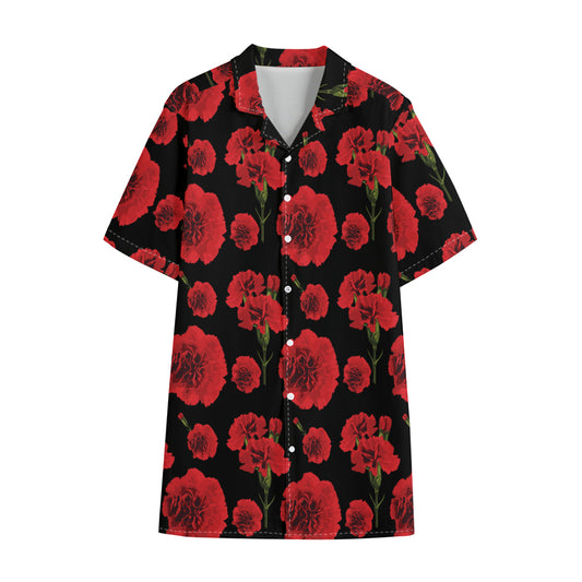 Red And Black Carnation Pattern Print Cotton Hawaiian Shirt