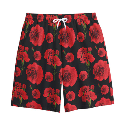 Red And Black Carnation Pattern Print Cotton Shorts