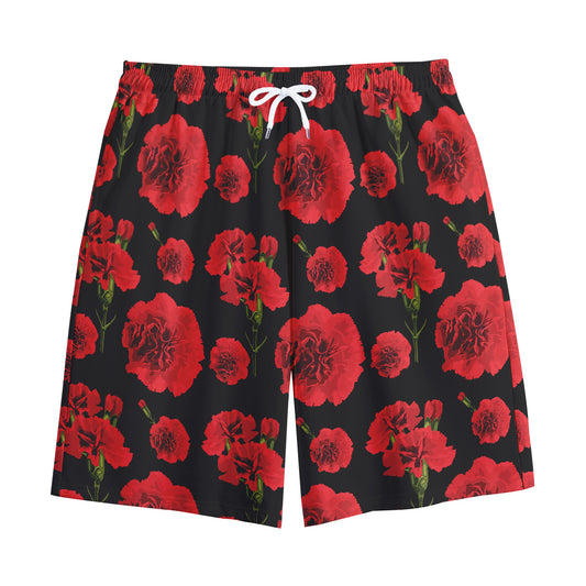 Red And Black Carnation Pattern Print Cotton Shorts