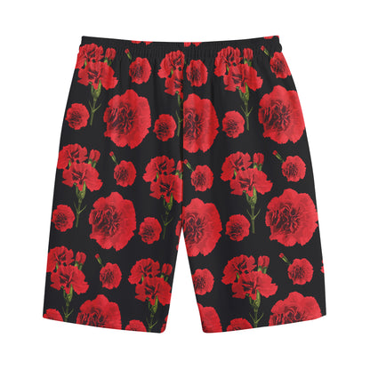 Red And Black Carnation Pattern Print Cotton Shorts