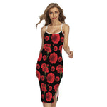 Red And Black Carnation Pattern Print Cross Back Cami Dress