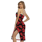 Red And Black Carnation Pattern Print Cross Back Cami Dress