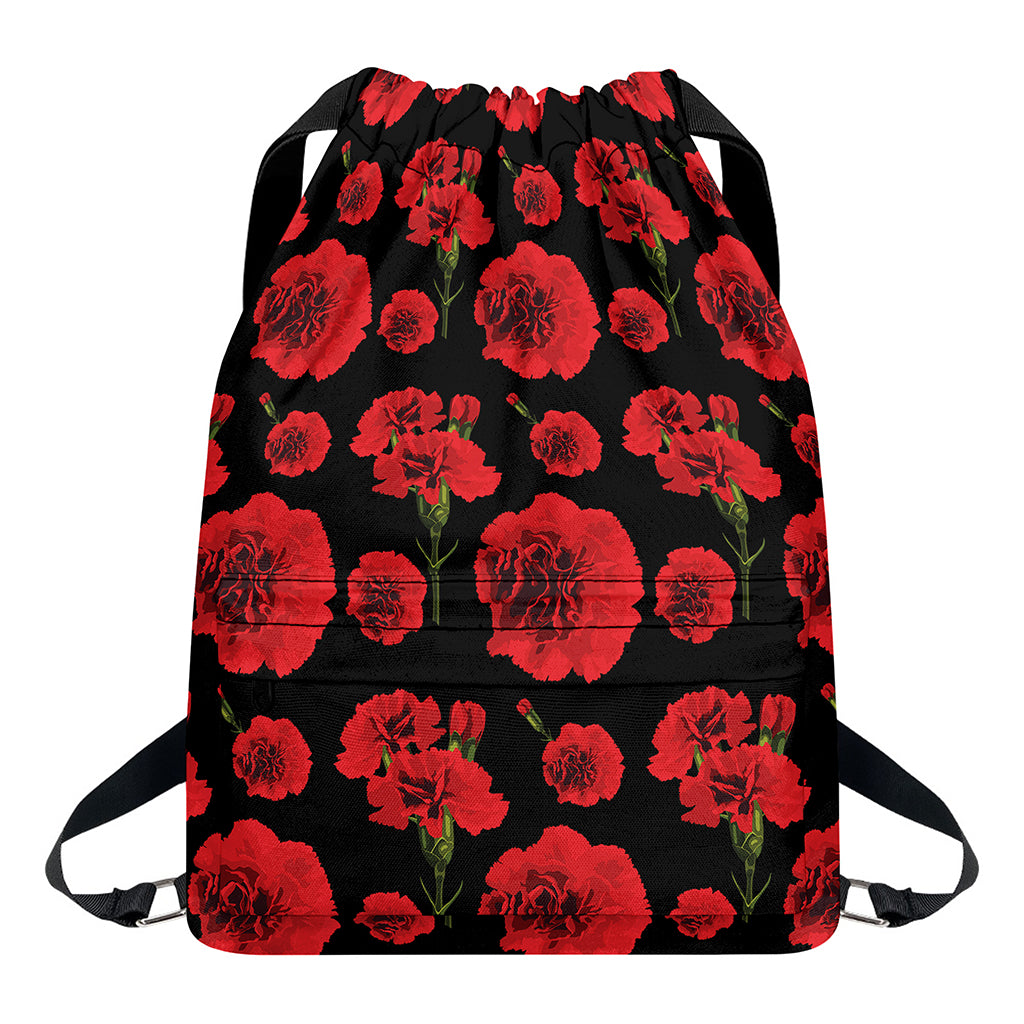 Red And Black Carnation Pattern Print Drawstring Backpack