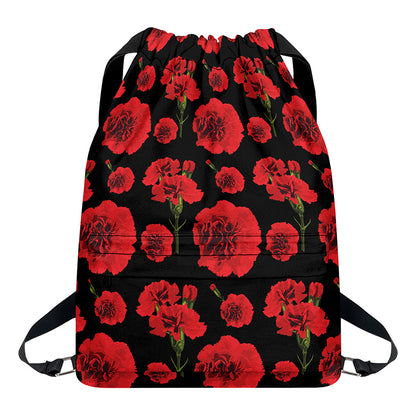 Red And Black Carnation Pattern Print Drawstring Backpack