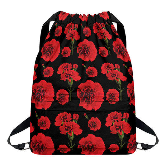 Red And Black Carnation Pattern Print Drawstring Backpack