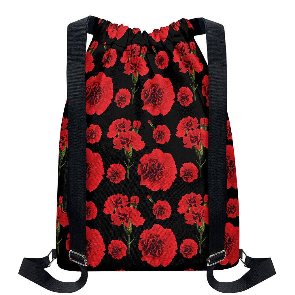 Red And Black Carnation Pattern Print Drawstring Backpack