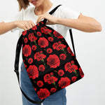 Red And Black Carnation Pattern Print Drawstring Backpack