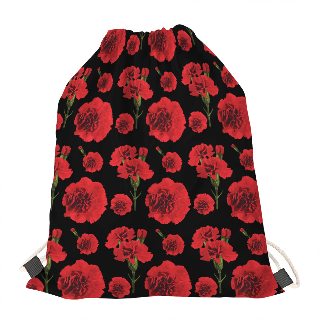 Red And Black Carnation Pattern Print Drawstring Bag