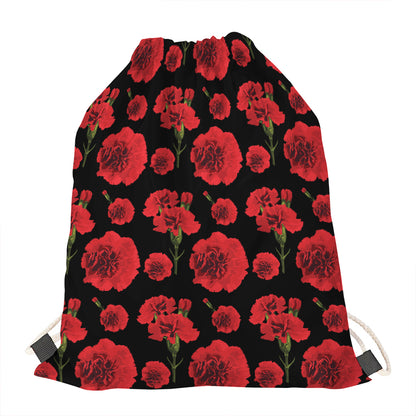 Red And Black Carnation Pattern Print Drawstring Bag