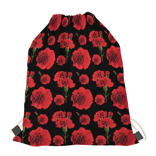 Red And Black Carnation Pattern Print Drawstring Bag