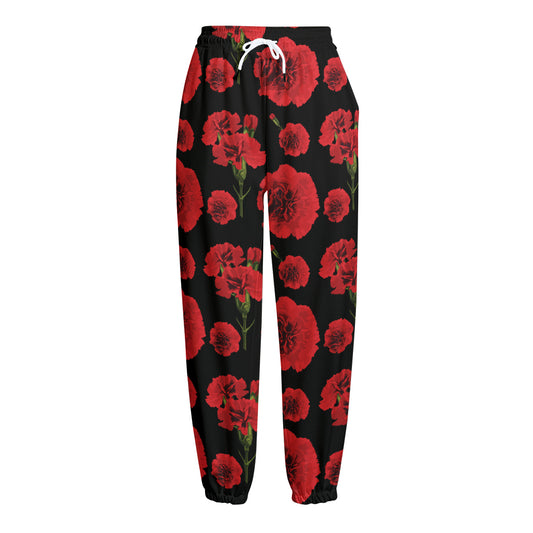 Red And Black Carnation Pattern Print Fleece Lined Knit Pants