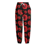 Red And Black Carnation Pattern Print Fleece Lined Knit Pants