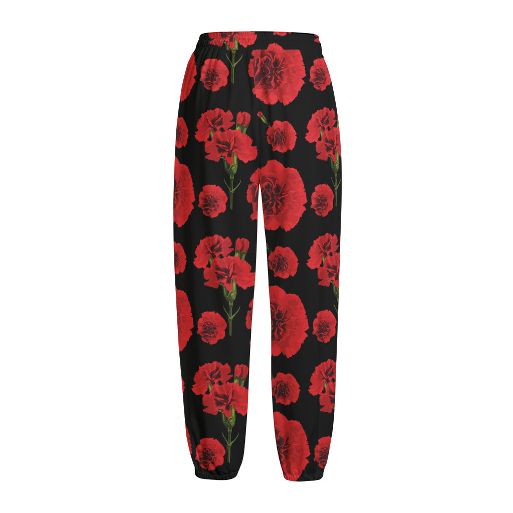 Red And Black Carnation Pattern Print Fleece Lined Knit Pants