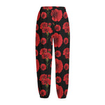 Red And Black Carnation Pattern Print Fleece Lined Knit Pants