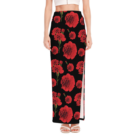 Red And Black Carnation Pattern Print High Slit Maxi Skirt