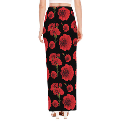 Red And Black Carnation Pattern Print High Slit Maxi Skirt