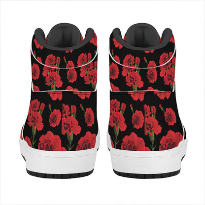Red And Black Carnation Pattern Print High Top Leather Sneakers