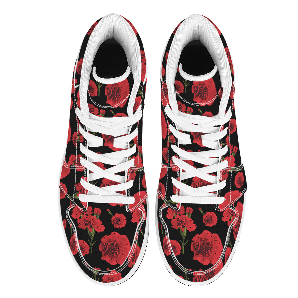 Red And Black Carnation Pattern Print High Top Leather Sneakers