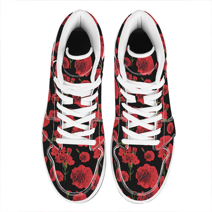 Red And Black Carnation Pattern Print High Top Leather Sneakers