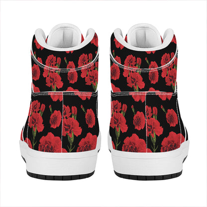 Red And Black Carnation Pattern Print High Top Leather Sneakers