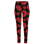 Red And Black Carnation Pattern Print High-Waisted Pocket Leggings