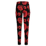 Red And Black Carnation Pattern Print High-Waisted Pocket Leggings