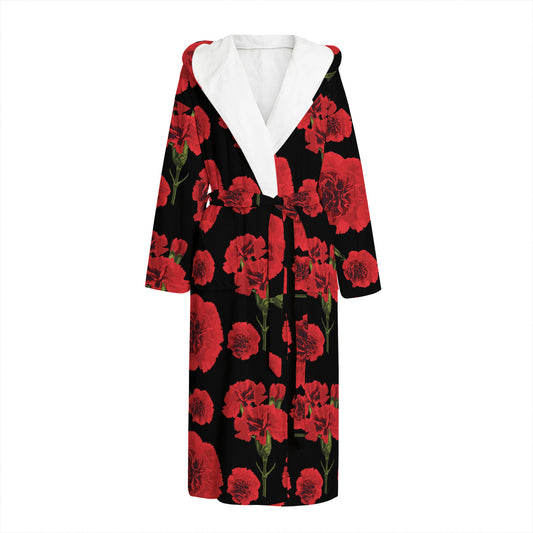 Red And Black Carnation Pattern Print Hooded Bathrobe