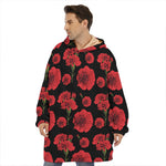 Red And Black Carnation Pattern Print Hoodie Blanket