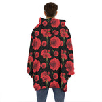 Red And Black Carnation Pattern Print Hoodie Blanket