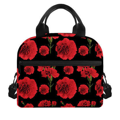 Red And Black Carnation Pattern Print Insulated Lunch Bag