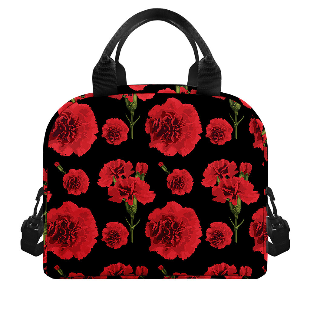 Red And Black Carnation Pattern Print Insulated Lunch Bag