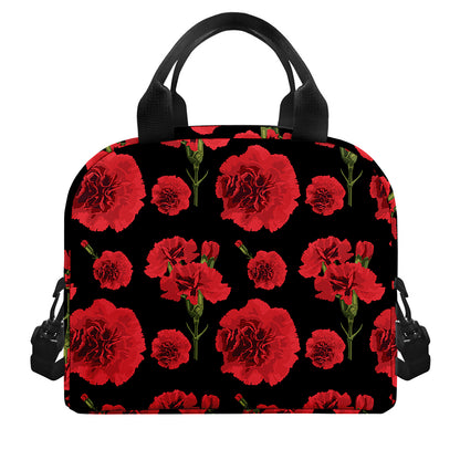 Red And Black Carnation Pattern Print Insulated Lunch Bag