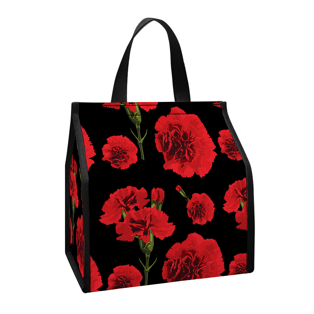 Red And Black Carnation Pattern Print Insulated Lunch Tote