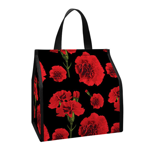 Red And Black Carnation Pattern Print Insulated Lunch Tote