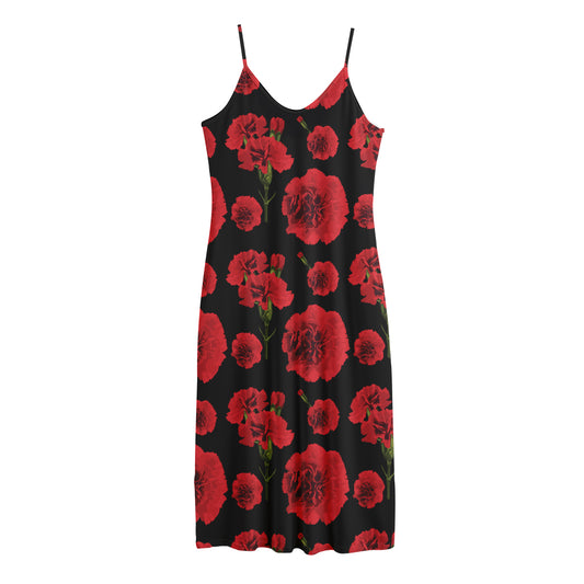 Red And Black Carnation Pattern Print Jersey Midi Cami Dress