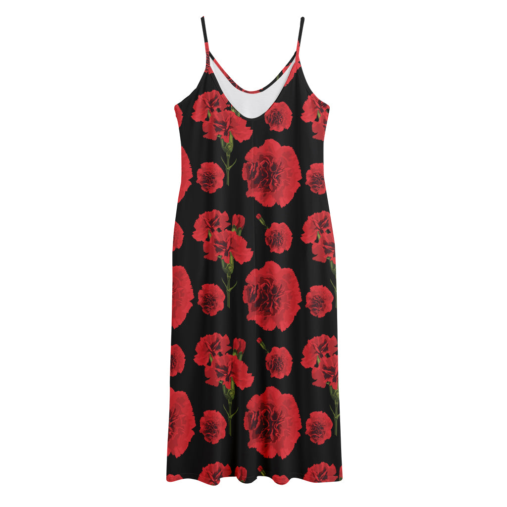 Red And Black Carnation Pattern Print Jersey Midi Cami Dress