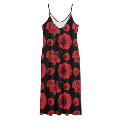 Red And Black Carnation Pattern Print Jersey Midi Cami Dress