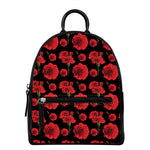 Red And Black Carnation Pattern Print Leather Backpack