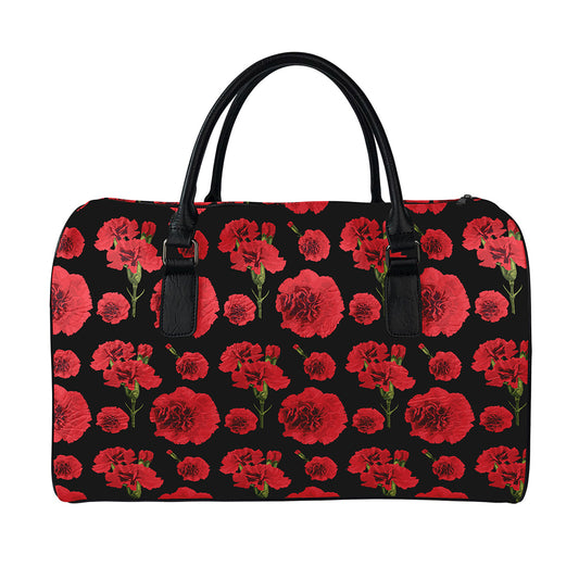 Red And Black Carnation Pattern Print Leather Duffle Bag