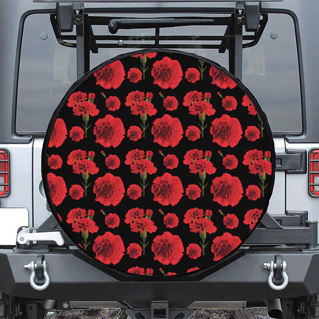 Red And Black Carnation Pattern Print Leather Spare Tire Cover