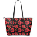 Red And Black Carnation Pattern Print Leather Tote Bag With Zipper