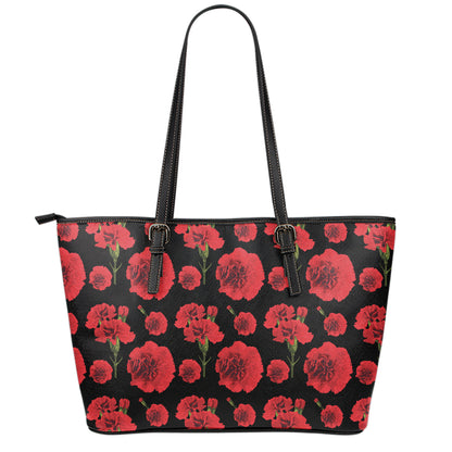 Red And Black Carnation Pattern Print Leather Tote Bag
