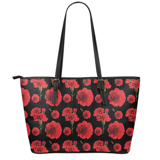 Red And Black Carnation Pattern Print Leather Tote Bag