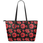 Red And Black Carnation Pattern Print Leather Tote Bag