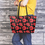 Red And Black Carnation Pattern Print Leather Tote Bag