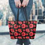Red And Black Carnation Pattern Print Leather Tote Bag