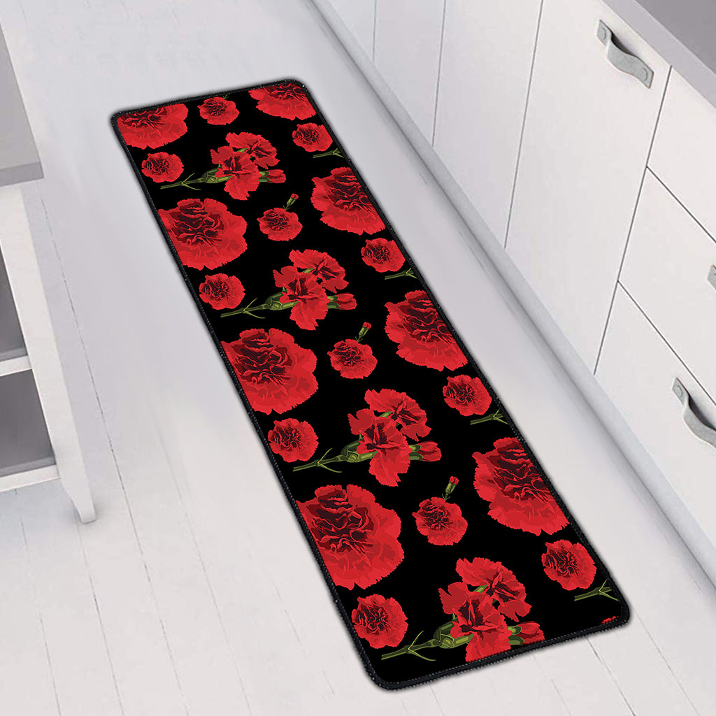 Red And Black Carnation Pattern Print Long Kitchen Mat