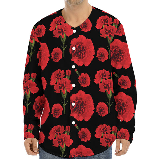 Red And Black Carnation Pattern Print Long Sleeve Baseball Jersey