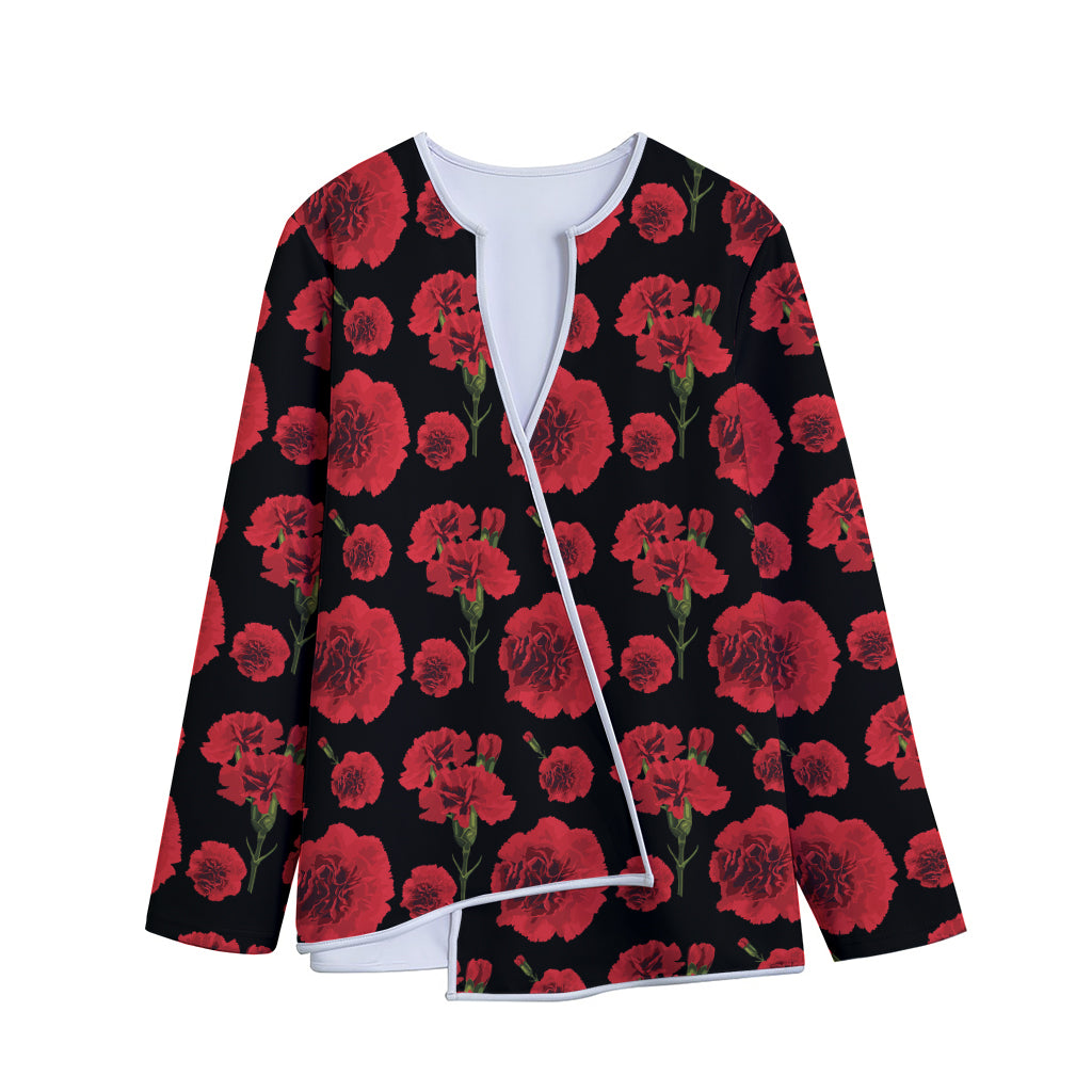 Red And Black Carnation Pattern Print Long Sleeve Short Coat