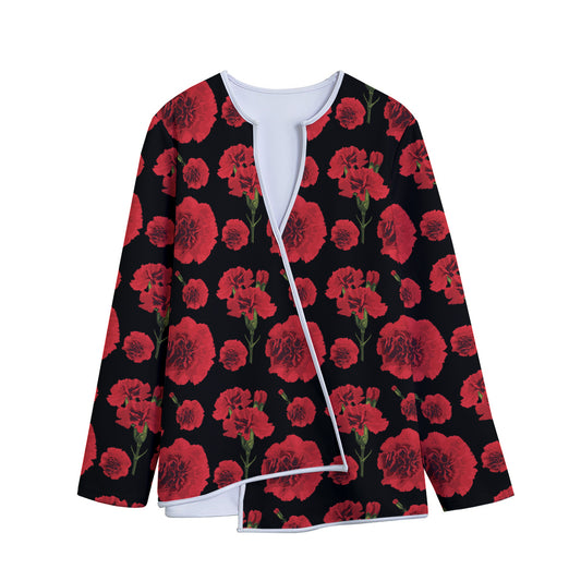 Red And Black Carnation Pattern Print Long Sleeve Short Coat